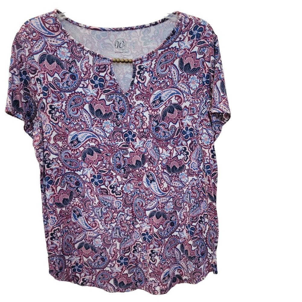 Westport 1962 Sz L SS Floral Beaded Keyhole Neckline Rayon Blend Stretch Blouse